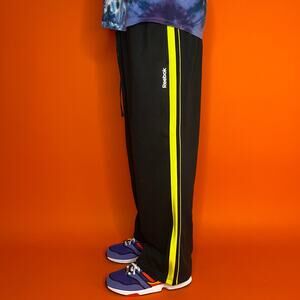 Vintage Y2K Reebok Sweatpants Mens XL Jet Black Cotton Neon Green Stripe